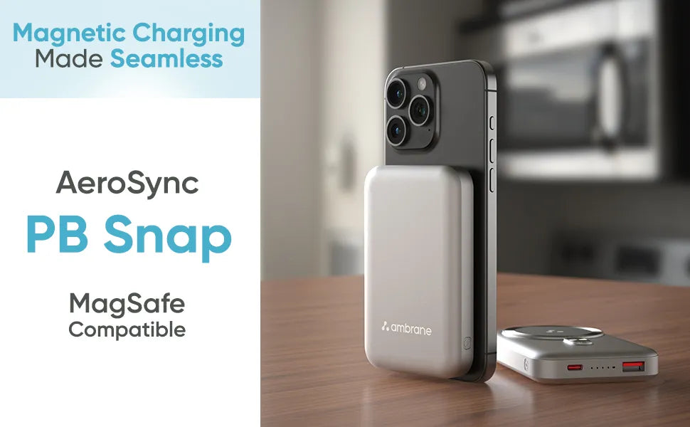 Ambrane AeroSync Snap demonstrating magnetic attachment to a compatible phone