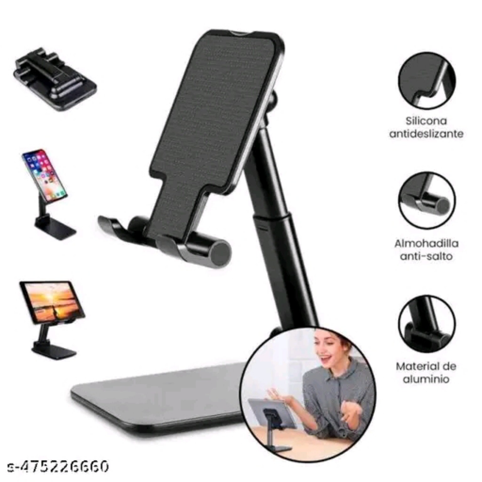 Mobile holder feature graphic showing anti-slip pads and metal support