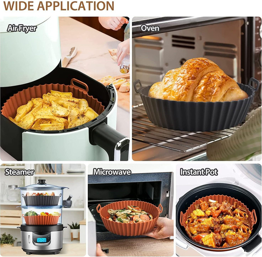 Silicone liner shown inside an air fryer basket with food