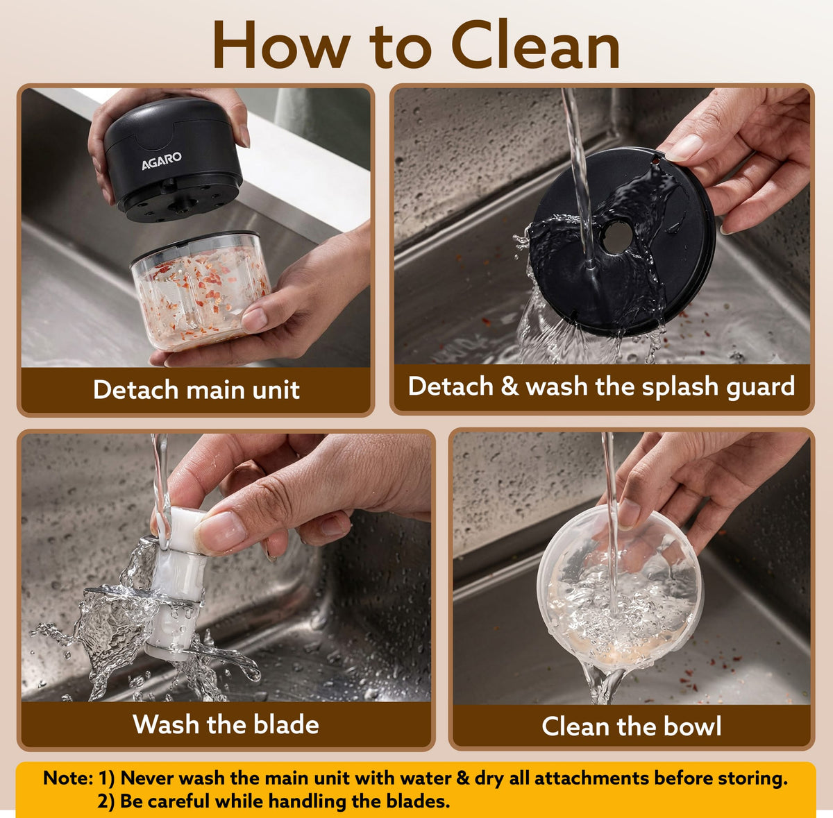 Official product image showing how the bowl, splash guard and blades should be cleaned
