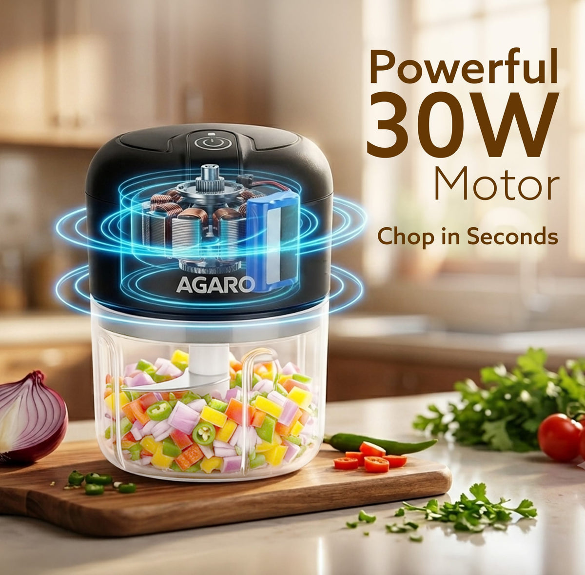 Official product image describing the rechargeable mini chopper's 30W motor