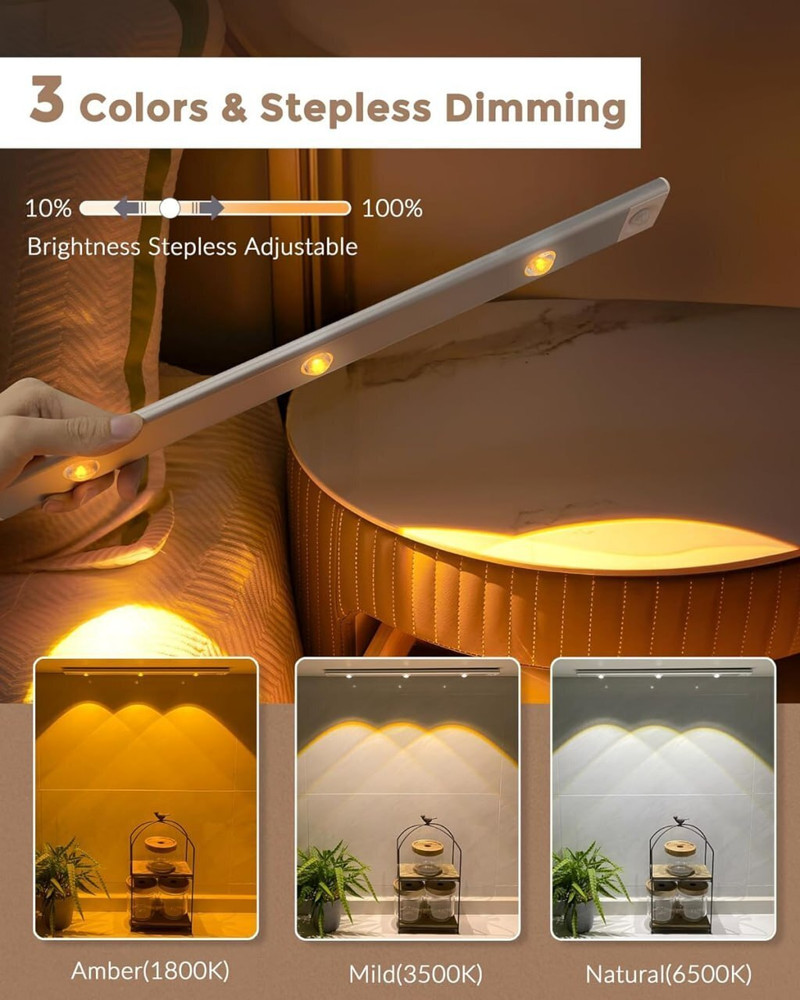Cabinet light showing three colour temperatures and adjustable brightness