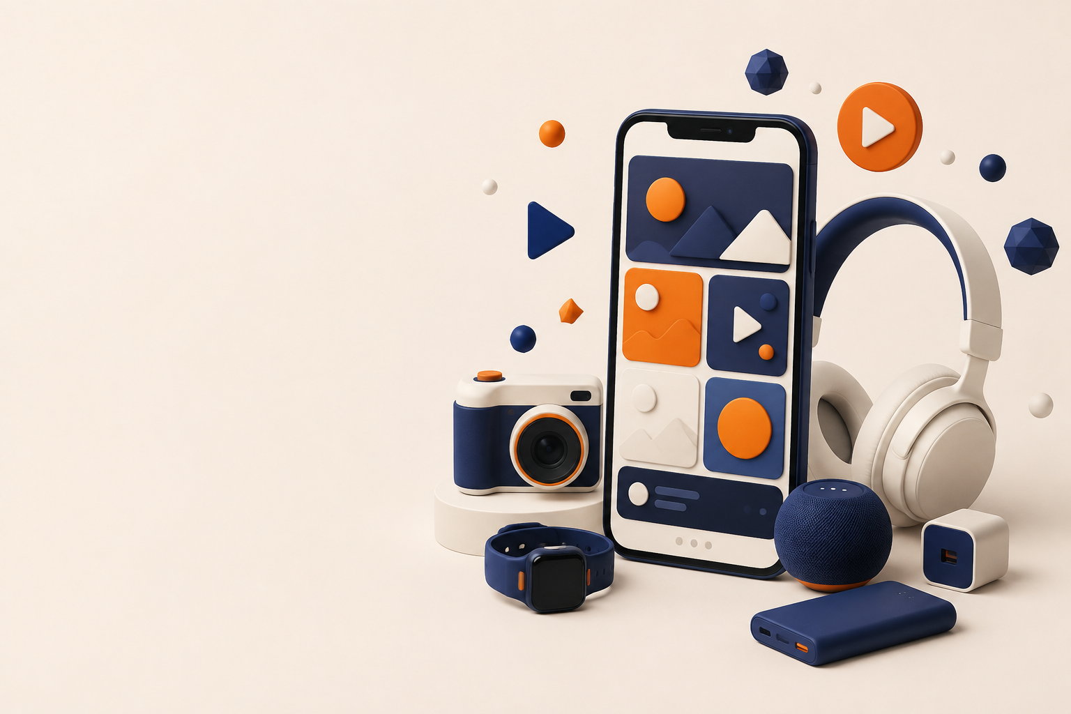 A phone surrounded by content and gadget symbols