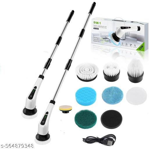 Rechargeable Electric Spin Scrubber kit with extension handle, charging cable and cleaning attachments
